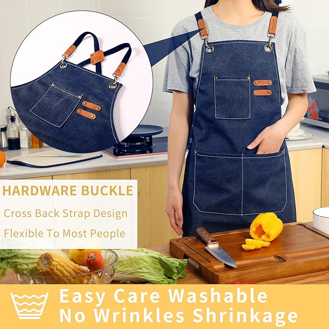 Tosewever Canvas Cross Back Chef Cotton Aprons for Men Women with Large Pockets - Image 2