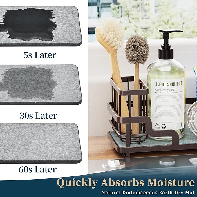 Consumest Sponge Holder for Kitchen Sink - Sink Caddy Organizer with Water Absorbing Stone Tray, Detachable Brush Holder, Stainless Steel Kitchen Counter Organizer Rack, Bronze - Image 2