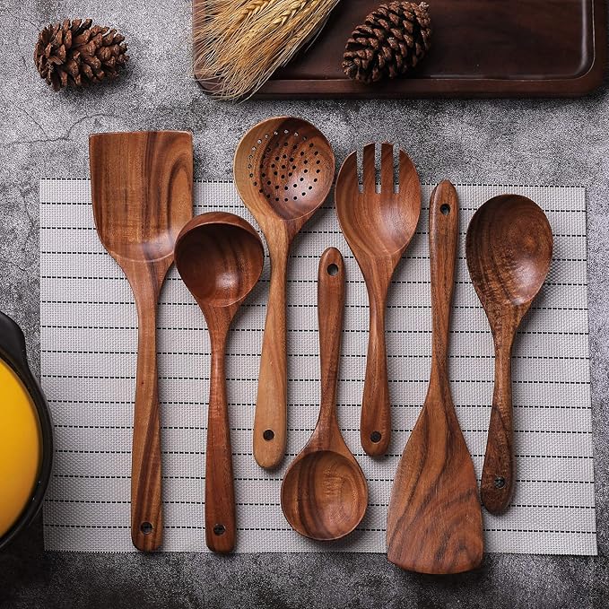 Wooden Non-Stick Kitchen Pan Toolset 7 Pieces Set, Natural Kitchen Utensils Spatula, Wooden Cooking Utensils Spoons, Fried Spatula and Salad Fork - Image 5
