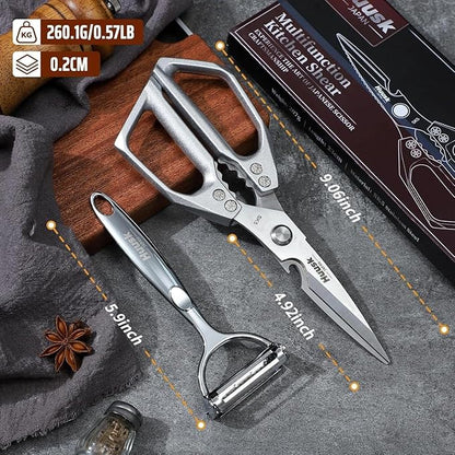 HUUSK Kitchen Scissors and Vegetable Peeler Set - Silver Stainless Steel Cooking Kitchen Shears for Food with Serrated Peeler, Heavy Duty Japanese Dishwasher Safe Meat Scissors, Gift for Men - Image 6