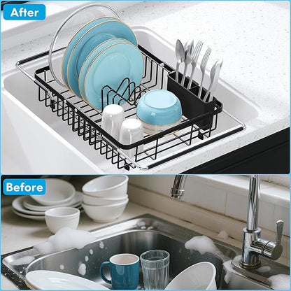 Expandable Stainless Steel Dish Drying Rack Over The Sink For Small Kitchen, Counter Space Saving Compact Black Metal Plate Drain Strainer, Adjustable Hanging In Sink Rust Proof Wire Dryer Holder - Image 7