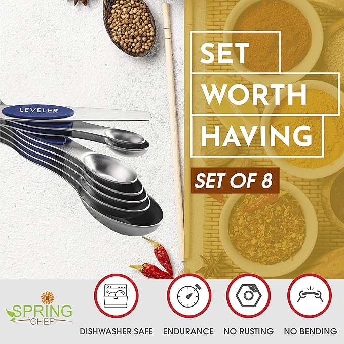 Spring Chef Stainless Steel Magnetic Measuring Spoons Set of 8 with Leveler, Heavy Duty Teaspoon & Tablespoon Measuring Spoons With Strong N45 Magnets, Kitchen Gadgets for Baking & Cooking - Sapphire - Image 3