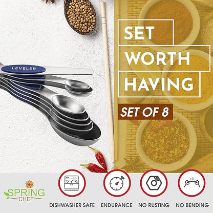 Spring Chef Stainless Steel Magnetic Measuring Spoons Set of 8 with Leveler, Heavy Duty Teaspoon & Tablespoon Measuring Spoons With Strong N45 Magnets, Kitchen Gadgets for Baking & Cooking - Sapphire - Image 3