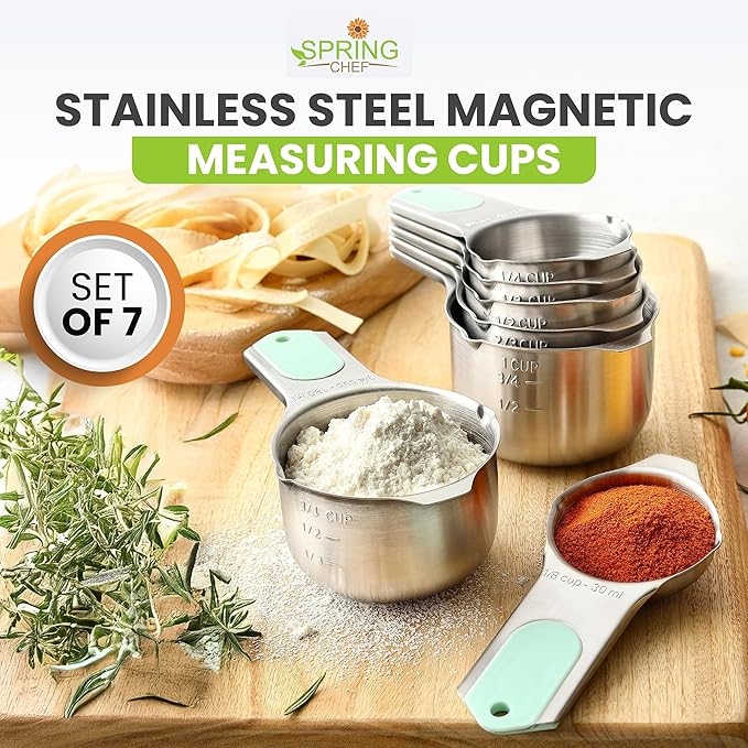 Spring Chef Magnetic Stainless Steel Measuring Cups, Patented, Kitchen Tools with Easy to Read Markings for Measuring Dry or Liquid Ingredients, Set of 7, Mint - Image 7