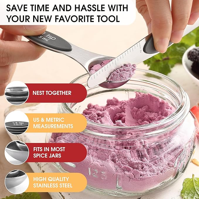 Spring Chef Stainless Steel Magnetic Measuring Spoons Set of 8 with Leveler, Dual Sided Metal Teaspoon & Tablespoon Measuring Spoons - Kitchen Gadgets For Baking and Cooking, Gray - Image 5