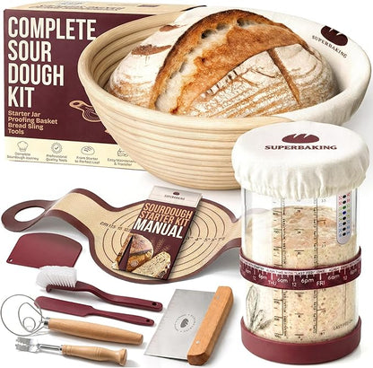 Superbaking Sourdough Starter Kit, 9" Splinter-Free Banneton Bread Proofing Basket Set with Non-Stick Silicone Dough Sling & Glass Starter Jar Kit, Sourdough Bread Baking Supplies, Sourdough Tools by Superbaking