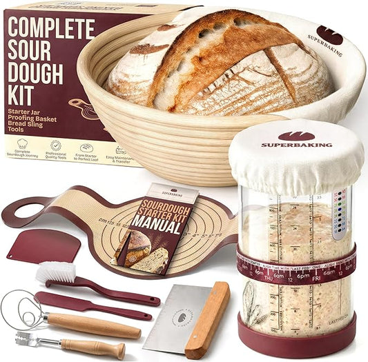 Superbaking Sourdough Starter Kit, 9" Splinter-Free Banneton Bread Proofing Basket Set with Non-Stick Silicone Dough Sling & Glass Starter Jar Kit, Sourdough Bread Baking Supplies, Sourdough Tools by Superbaking
