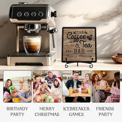 Coffee Bar Sign, Love is Brewing Farmhouse Tabletop Decor, Coffee and Tea Lover Gifts, 5x5 Wood Plaque with Iron Stand for Home Kitchen Cafe, Coffee Bar Decor – L02 - Image 5