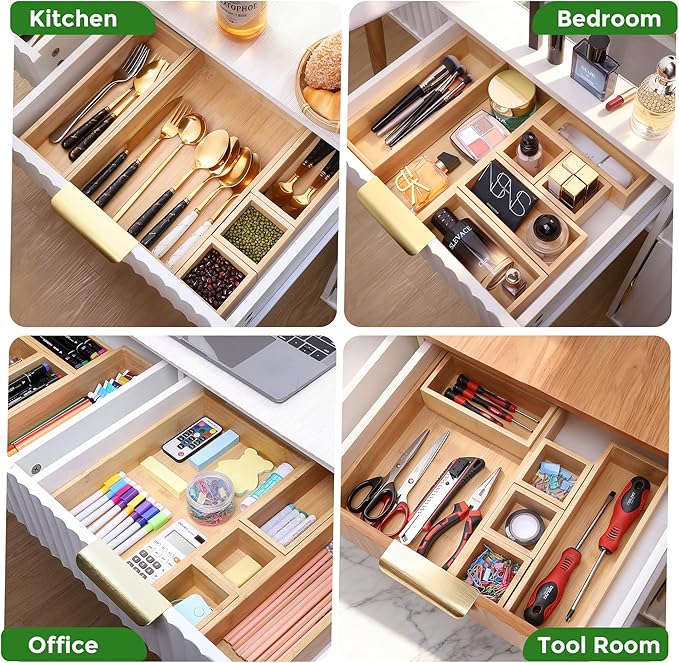 Bamboo Drawer Organizer Set, 14 PCS Multi-Use Individual Wood Storage Organizers, Junk Drawer Divider and Storage Trays Containers for Kitchen, Bathroom, Office Desk, Makeup, Jewelry, Utensils - Image 4