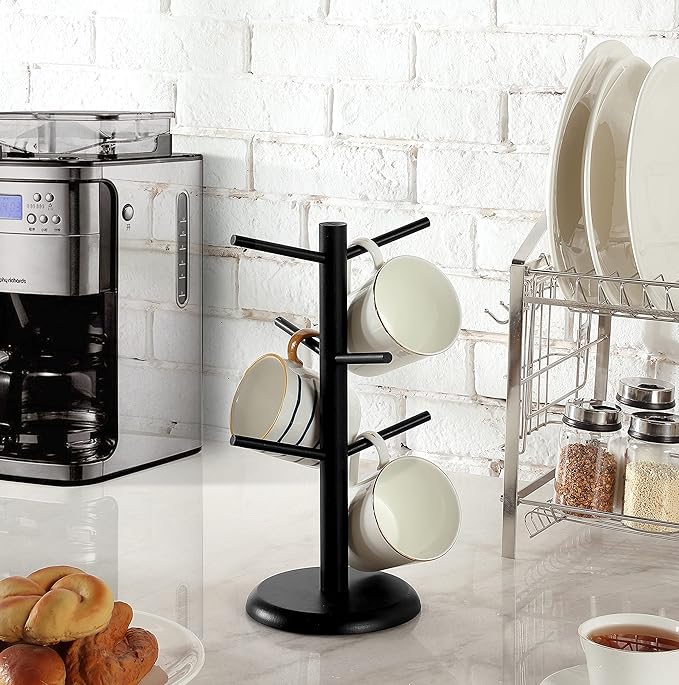 Dorhors Mug Tree,Coffee Cup Holder with 6 Hooks,Wood Mug Holder for Counter,Coffee Bar Accessories and Orgnizer station (Balck)