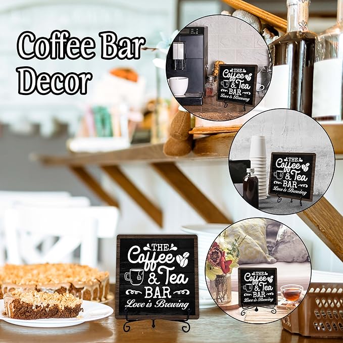 Coffee Bar Sign, Love is Brewing Farmhouse Tabletop Decor, Coffee and Tea Lover Gifts, 5x5 Wood Plaque with Iron Stand for Home Kitchen Cafe, Coffee Bar Decor – L05 - Image 3