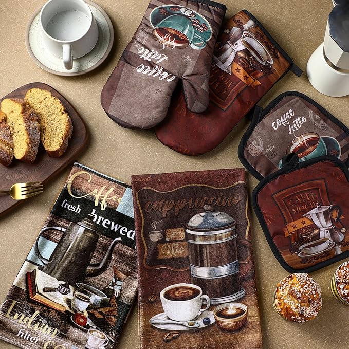 Jingmore 6 Pcs Kitchen Decor Set Accessorie Farmhouse Kitchen Towels Pot Holders Oven Mitts Set 2 Dish Towels 2 Pot Holders 2 Cooking Mittens Oven Glove for Cooking(Dark Brown,Coffee) - Image 2