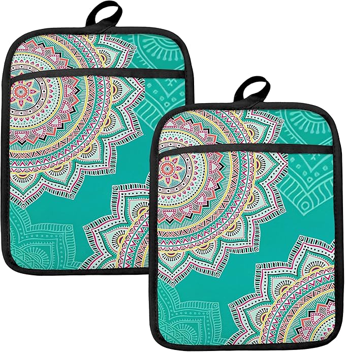 Turquoise Abstract Mandala Floral Pot Holders for Kitchen, Boho Colorful Ethnic Flower Botanical Heat Resistant Hot Pads and Oven Mitts for Baking Cooking，379 potholder by HUGANE