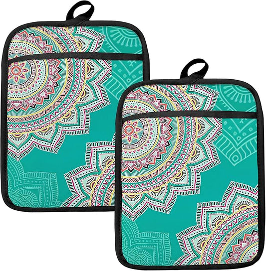 Turquoise Abstract Mandala Floral Pot Holders for Kitchen, Boho Colorful Ethnic Flower Botanical Heat Resistant Hot Pads and Oven Mitts for Baking Cooking，379 potholder by HUGANE