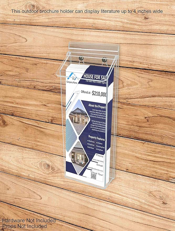 Outdoor Brochure Holder Holds 4” x 11” Tri Folds Rack Cards Wall Mount Clear Acrylic Real Estate Sheet Box with Lid Pamphlets Store Front Display Take One Bin Organizer by Marketing Holders