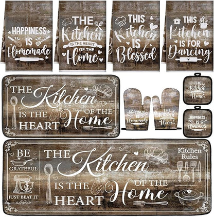 Fourluoo 10 Pcs Farmhouse Kitchen Decor and Accessories Set 4 Kitchen Towels 2 Pot Holders 2 Oven Mitts 2 Rugs for Cooking Baking Mom Housewarming Gifts(Brown Gray,Classic Style) by Fourluoo