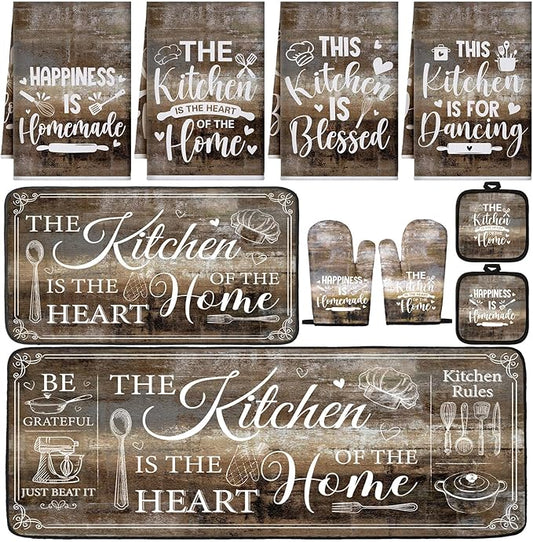 Fourluoo 10 Pcs Farmhouse Kitchen Decor and Accessories Set 4 Kitchen Towels 2 Pot Holders 2 Oven Mitts 2 Rugs for Cooking Baking Mom Housewarming Gifts(Brown Gray,Classic Style) by Fourluoo