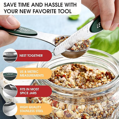 Spring Chef Stainless Steel Magnetic Measuring Spoons Set of 8 with Leveler, Stackable Magnetic Teaspoon & Tablespoon Set, Metal Kitchen Gadgets for Baking & Cooking, Fits in Spice Jars - Pine Green - Image 5