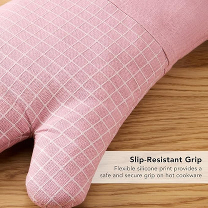 KITCHENAID Gourmet Series Gridlines Oven Mitts 2-Pack Set, Heat Resistant up to 600°F, Soft Silicone Grip, Magnetic Cuff, Dried Rose, 7"x14"
