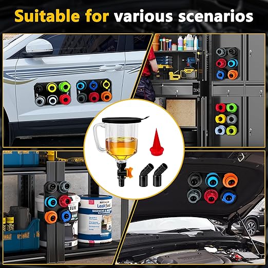 18 Pack No Spill Engine Oil Funnel Kit，1.59QT/1.5L Automotive Oil Funnel Set， 2 Magnetic Adapter Organizer Boards 12 Adapters Compatible with GM, Ford, BMW, Audi, Land Rover Etc