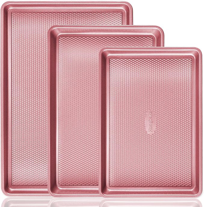 HONGBAKE Baking Sheet Pan Set, Cookie Sheets for Oven, Nonstick Half/Quarter/Jelly Roll Pans with Diamond Texture Pattern, Heavy Duty Cookie Tray, Pink by HONGBAKE