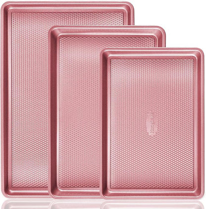 HONGBAKE Baking Sheet Pan Set, Cookie Sheets for Oven, Nonstick Half/Quarter/Jelly Roll Pans with Diamond Texture Pattern, Heavy Duty Cookie Tray, Pink by HONGBAKE