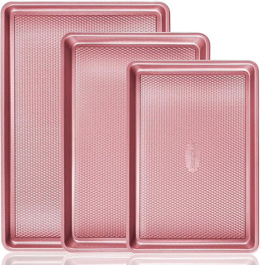 HONGBAKE Baking Sheet Pan Set, Cookie Sheets for Oven, Nonstick Half/Quarter/Jelly Roll Pans with Diamond Texture Pattern, Heavy Duty Cookie Tray, Pink by HONGBAKE