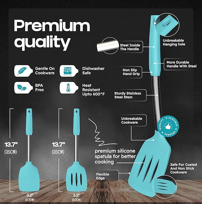 BakeRoyal Silicone Spatula Set - Turner Spatulas Silicone Heat Resistant 600°F - Slotted & Solid Spatula for Cooking Fish, Eggs, Pancakes Flipper – Spatulas for kitchen use – Aqua - Image 2