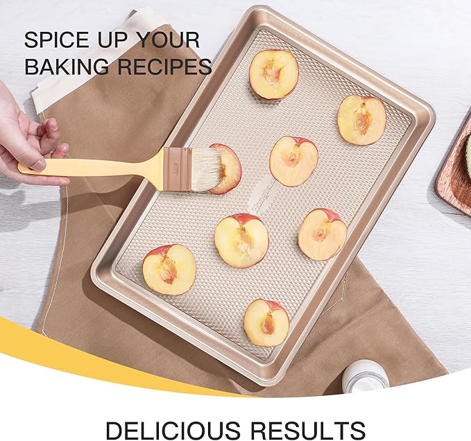 HONGBAKE 3 Pack Gold Nonstick Baking Sheet Pan Set with Oven Mitts Heat Resistant, Non-Toxic Half/Quarter/Jelly Roll Pans with Diamond Texture Pattern, Heavy Duty 0.8mm Thick Cookie Trays for Cooking - Image 9