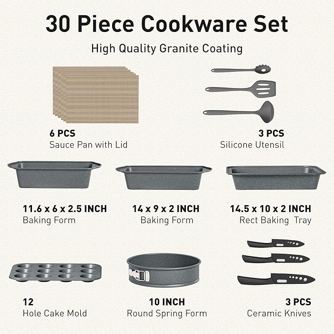 DishDelight Induction Pots and Pans Set Non Stick, 30 Piece Nonstick Kitchen Cookware Sets, Nonstick Granite Cooking Set Induction Pots and Pans, Grey - Image 7