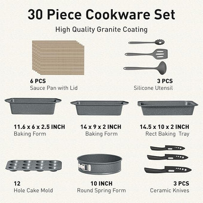 DishDelight Induction Pots and Pans Set Non Stick, 30 Piece Nonstick Kitchen Cookware Sets, Nonstick Granite Cooking Set Induction Pots and Pans, Grey - Image 7