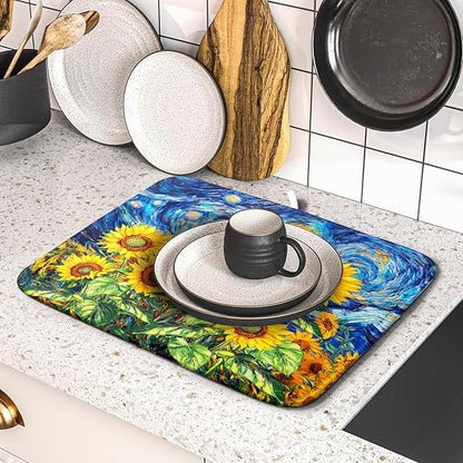 Sunflower Dish Drying Mat for Kitchen Counter 18x16 Inch Starry Night Drying Mat with Absorbent Reversible Microfiber Farmhouse Floral Dish Drainer Mats Rack Pad for Coffee Countertop Protector