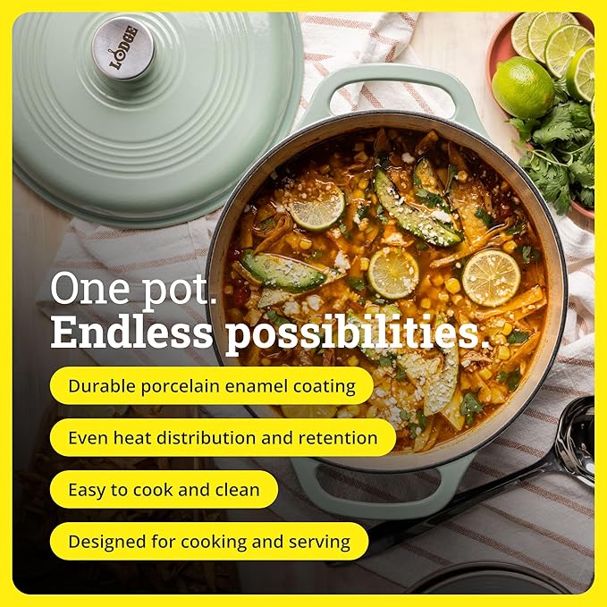 Lodge Essential Enamel Cast Iron Dutch Oven - Perfect for Bread Baking, Braising, Marinating & Slow Cooking - Features Moisture-Sealing Lid & Dual Handles - Kitchen Essentials - 6 Quarts - Desert Sage - Image 2