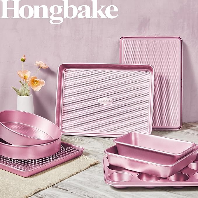 HONGBAKE 9-Piece Baking Pans Set Nonstick, Stackable Non Toxic Bakeware Sets with Diamond Texture, Oven Pan Set for Cooking, Includes Cookie Sheet with Rack, Cake Pan, Roasting Pan, Muffin Tin, Pink - Image 2