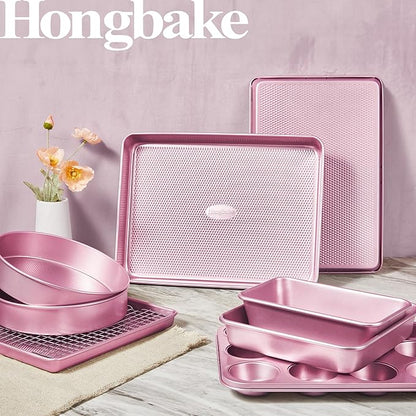 HONGBAKE 9-Piece Baking Pans Set Nonstick, Stackable Non Toxic Bakeware Sets with Diamond Texture, Oven Pan Set for Cooking, Includes Cookie Sheet with Rack, Cake Pan, Roasting Pan, Muffin Tin, Pink - Image 2