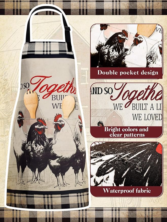 Bencailor 6 Pcs Spring Kitchen Aprons with Pockets Flower Rooster Bee Butterfly Sunflower Summer Aprons Bulk for Women(Beige,Black and Red Farm Rooster) - Image 5