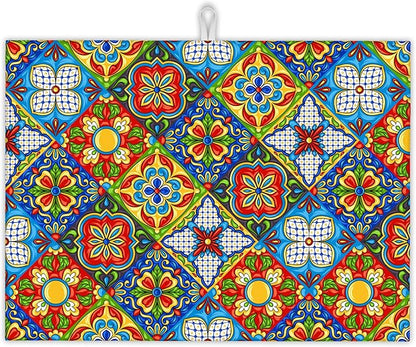 Mexican Tile Dish Drying Mat,Boho Tradicion Drying Rack Pad Countertop Dishes Ultra Absorbent Microfiber Kitchen Counter Mat for Coffee Countertop Decor 18x24 Inch