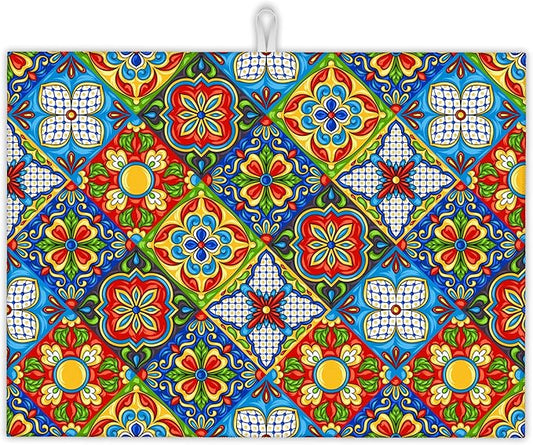 Mexican Tile Dish Drying Mat,Boho Tradicion Drying Rack Pad Countertop Dishes Ultra Absorbent Microfiber Kitchen Counter Mat for Coffee Countertop Decor 18x24 Inch