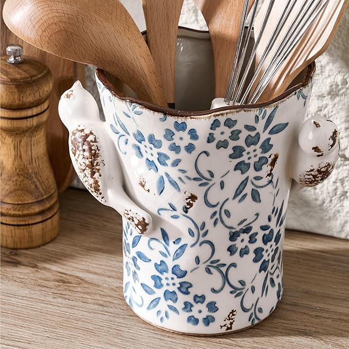 6.34"H Utensil Holder for Kitchen Counter, Modern Farmhouse Cooking Utensil Holder and Crock Home Kitchen Decor, Ceramic Utensil Organizer for Spatula, Ladle, Eggbeater, Rolling Pin- Blue and White - Image 3