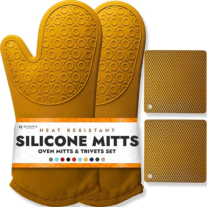 BPA-Free Soft Silicone 4 Piece Oven Mitts & Trivets Set - Ultra Heat Resistant Oven Mitts with Thick Cotton Liner - Long Slip Resistant Pot Holders, Flexible Oven Gloves - Yellow by HOMWE