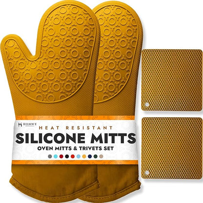 BPA-Free Soft Silicone 4 Piece Oven Mitts & Trivets Set - Ultra Heat Resistant Oven Mitts with Thick Cotton Liner - Long Slip Resistant Pot Holders, Flexible Oven Gloves - Yellow by HOMWE