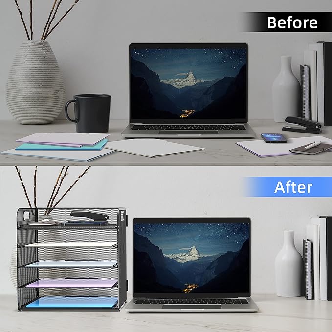 Supeasy 5 Trays Paper Organizer Letter Tray with Handle-Mesh Desk File Holders, Paper Sorter Desk Organizer for Office, Home, Classroom or School - Image 4