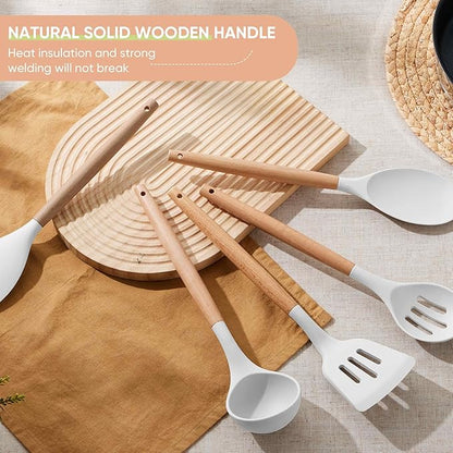 Herogo 5-Piece Cooking Utensils Set, Silicone Kitchen Utensils Set with Wooden Handle, Heat Resistant Cooking Tools Slotted Turner, Spoon, Soup Ladle, Spatula, Spoonula for Nonstick Cookware, White - Image 8