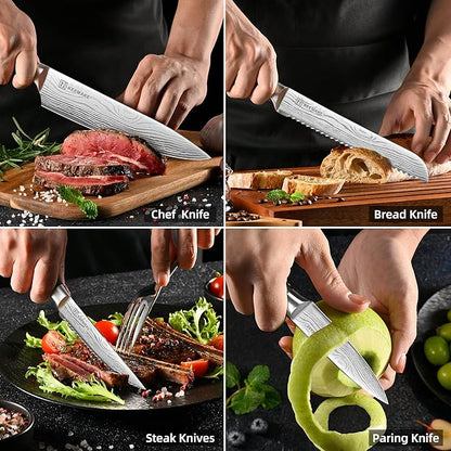KEEMAKE 14-Piece Knife Set with Block,Ultra Sharp Knife Block Set High Carbon Stainless Steel Kitchen Knife Set Professional Chef Knife Set with Ergonomic Pakkawood Handle and Sharpener