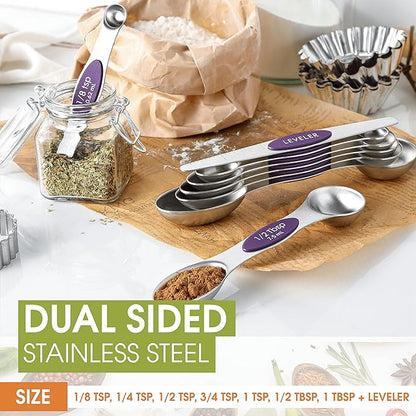 Spring Chef Purple Stainless Steel Magnetic Measuring Spoons Set of 8 with Leveler, Dual Sided Metal Teaspoon & Tablespoon Measuring Spoons, Kitchen Gadgets for Baking & Cooking, Fits in Spice Jars - Image 4
