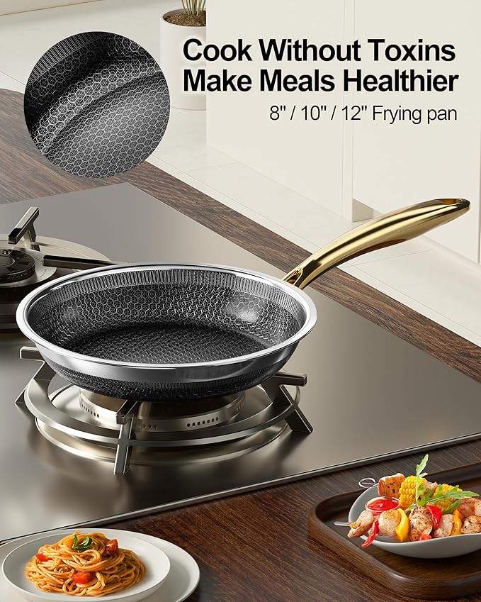 FogDream 8, 10, 12" Stainless Steel Frying Pan, Honeycomb Hybrid Nonstick Skillet for Induction & All Cooktops, PFAS/PFOA/PTFE Free, Oven Safe to 500°F, Stay-Cool Handle, Dishwasher Safe, Gold - Image 6