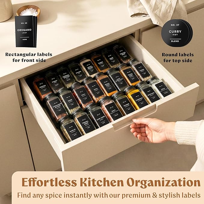 EDELHAUS Glass Spice Jars with Label and Black Aluminium Lids (24 x 4oz) Spice Containers with 240 Labels, Shaker Inserts, Steel Funnel, Empty Square Seasoning Organizer (Black Aluminium Lid) - Image 3