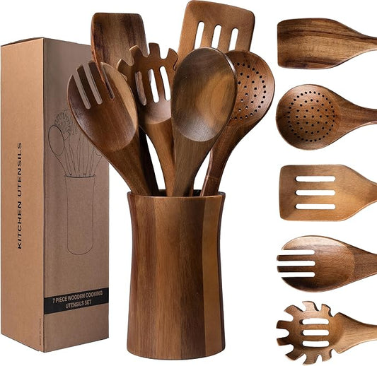 7 Piece Natural Acacia Wooden Kitchen Utensil Set with Holder - Wooden Spoons and fork for Cooking Comfort Grip Cooking Spoons, Spatulas, Strainer Spoon, Salad Fork, Mixing Spoon and Utensil Holder