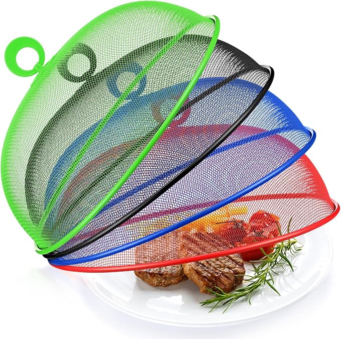 Foaincore 8 Pcs Metal Mesh Food Covers Tent Umbrella 11 Inch Outside Mesh Food Net Tents Dome Screen Plate Covers for Outdoor Picnic Camping Keep out Flies Bugs Mosquitoes(Red, Green, Blue, Black)