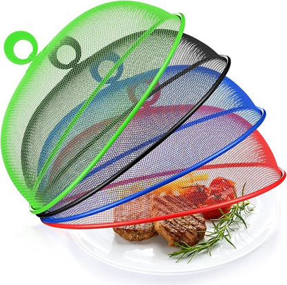 Foaincore 8 Pcs Metal Mesh Food Covers Tent Umbrella 11 Inch Outside Mesh Food Net Tents Dome Screen Plate Covers for Outdoor Picnic Camping Keep out Flies Bugs Mosquitoes(Red, Green, Blue, Black)